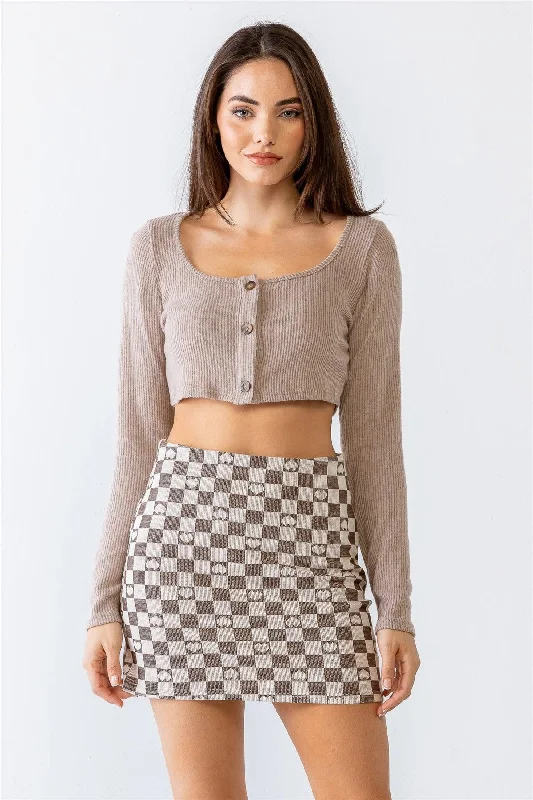 Mocha Ribbed Button-Up Long Sleeve Crop Top /3-2-1