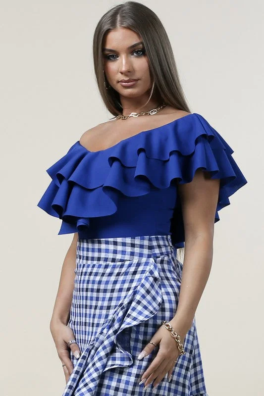 Blue V Neck Ruffled Top