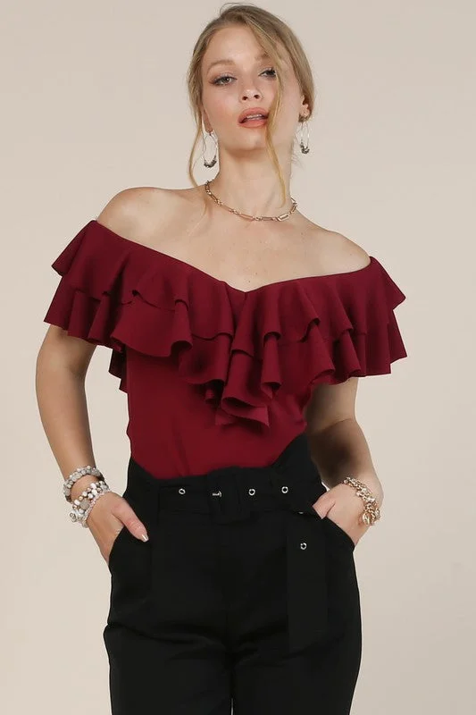 Burgundy V Neck Ruffled Top