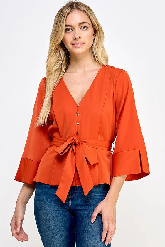 Burnt Orange 3/4 Sleeve V Neck Button With Belted Top