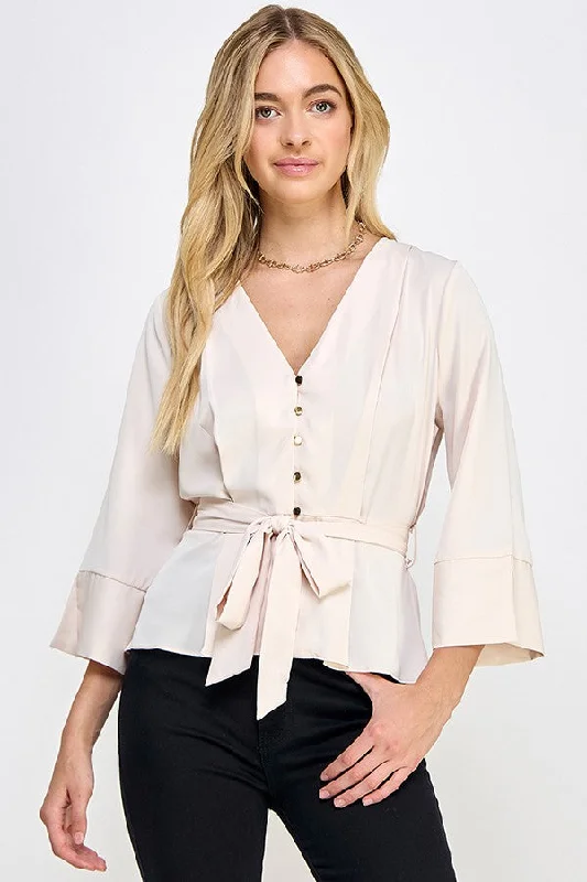 Champagne 3/4 Sleeve V Neck Button With Belted Top