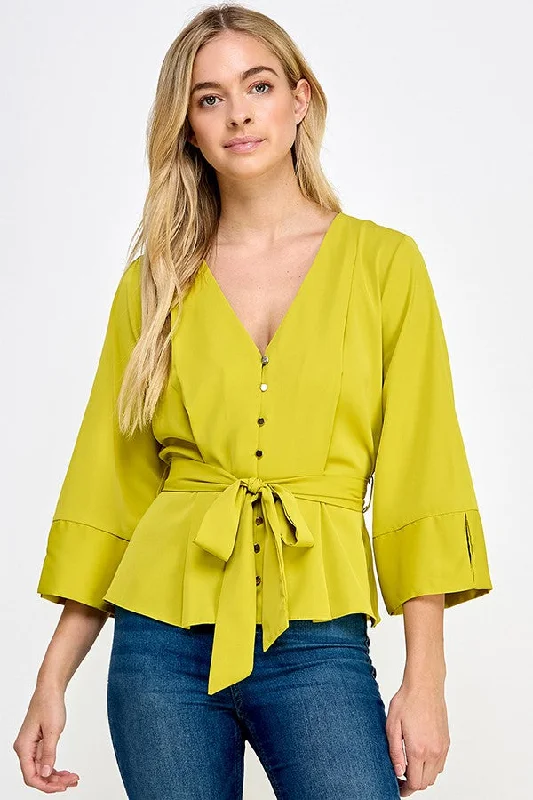 Citron 3/4 Sleeve V Neck Button With Belted Top