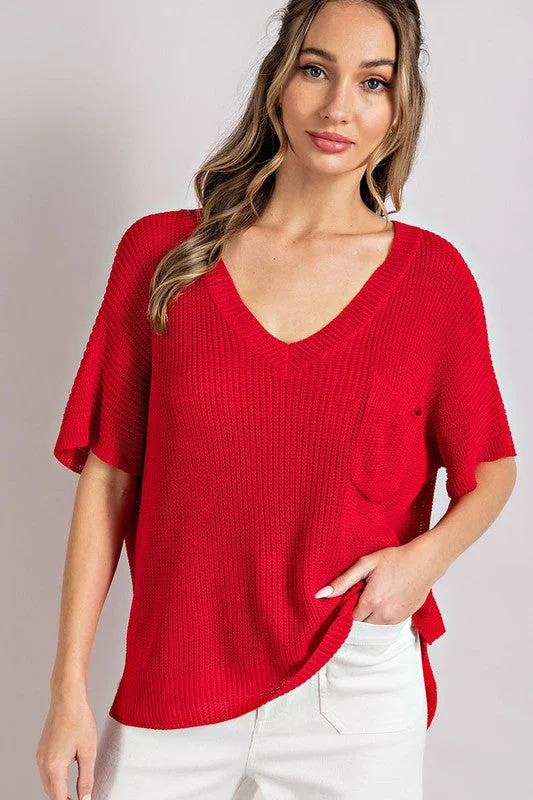 Currant V-Neck Ribbed Short Sleeve Top