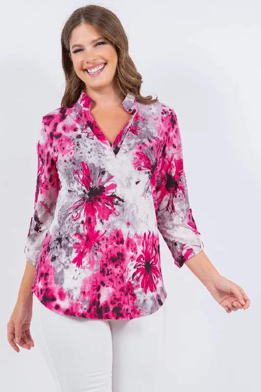 Pink Ivory Floral Print V-Neck Top With 3/4 Sleeves