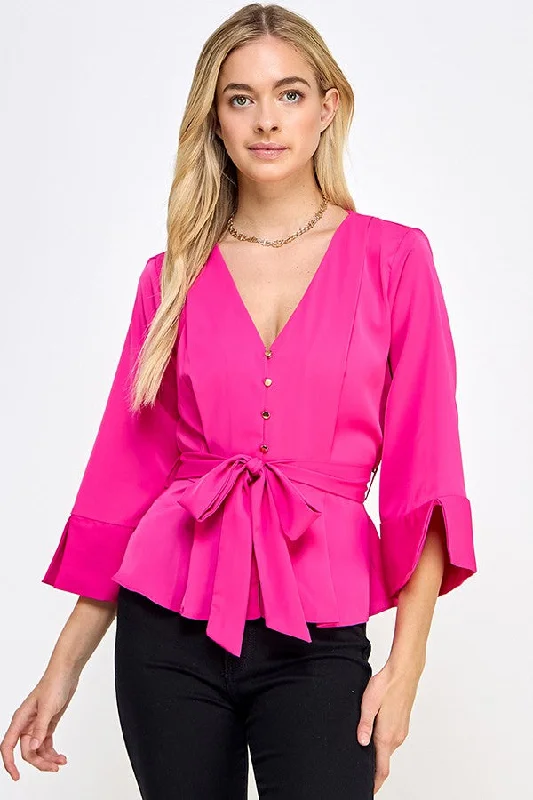 Fuchsia 3/4 Sleeve V Neck Button With Belted Top