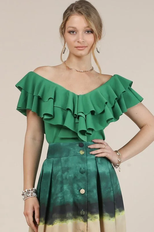 Green V Neck Ruffled Top