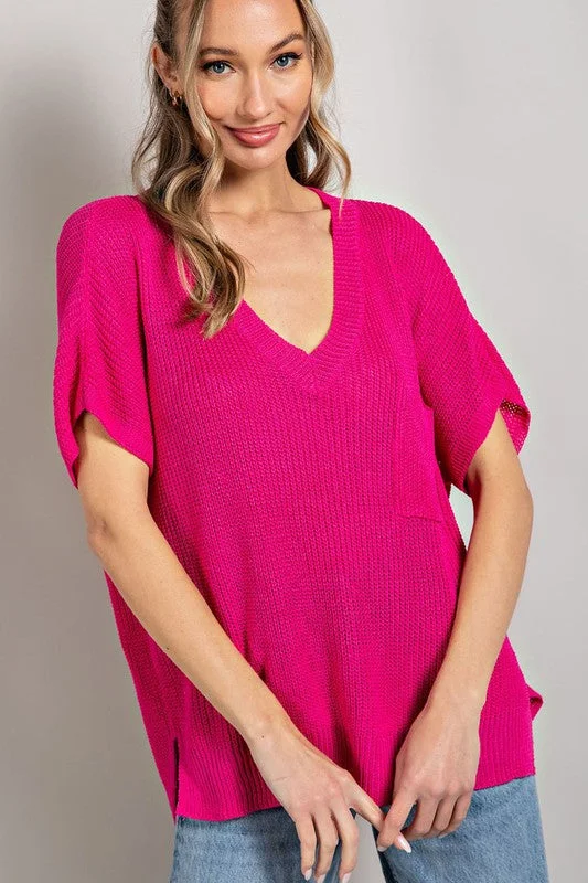 Hot Pink V-Neck Ribbed Short Sleeve Top