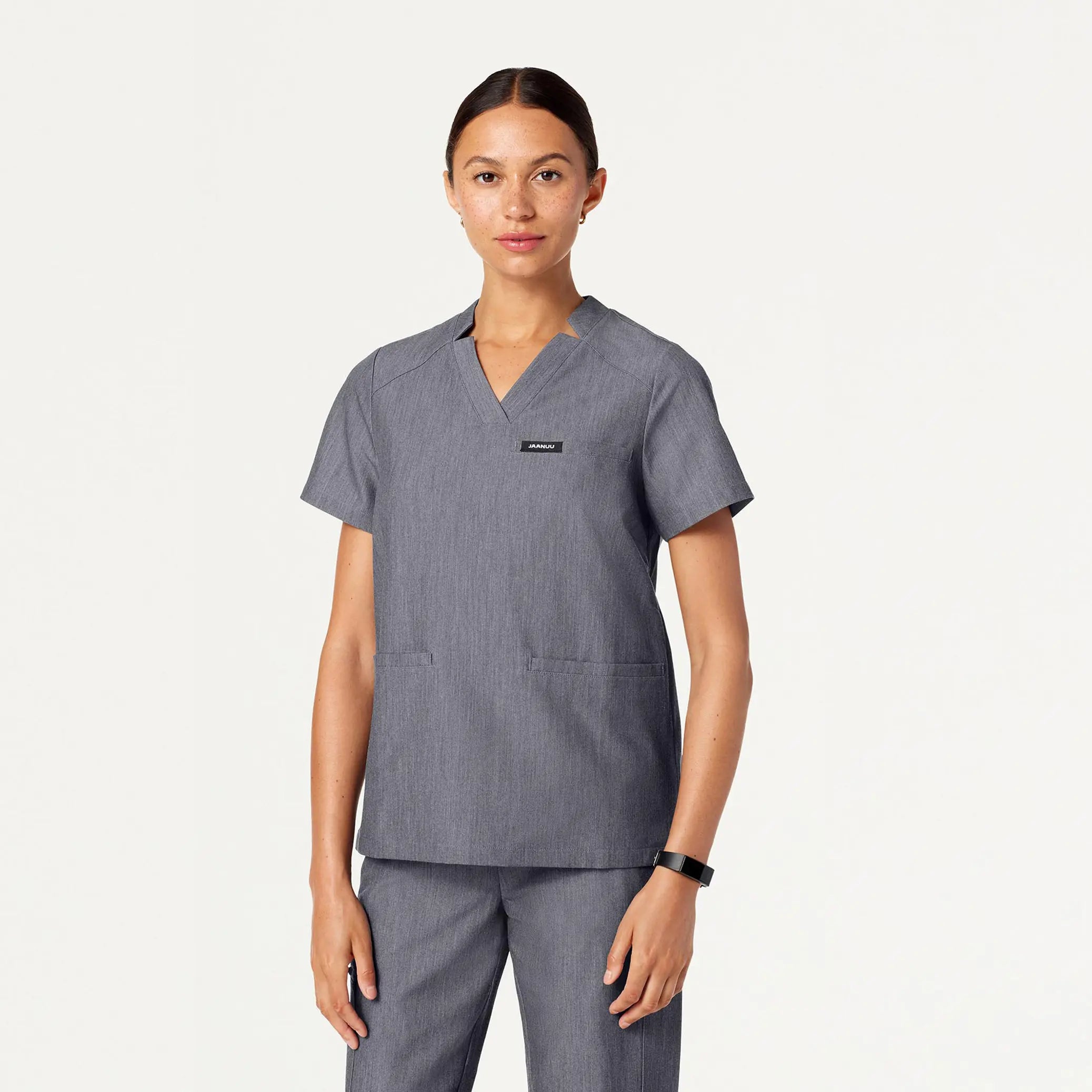 Jaanuu Women's Helia Notched V-Neck Scrub Top - Heather Gray