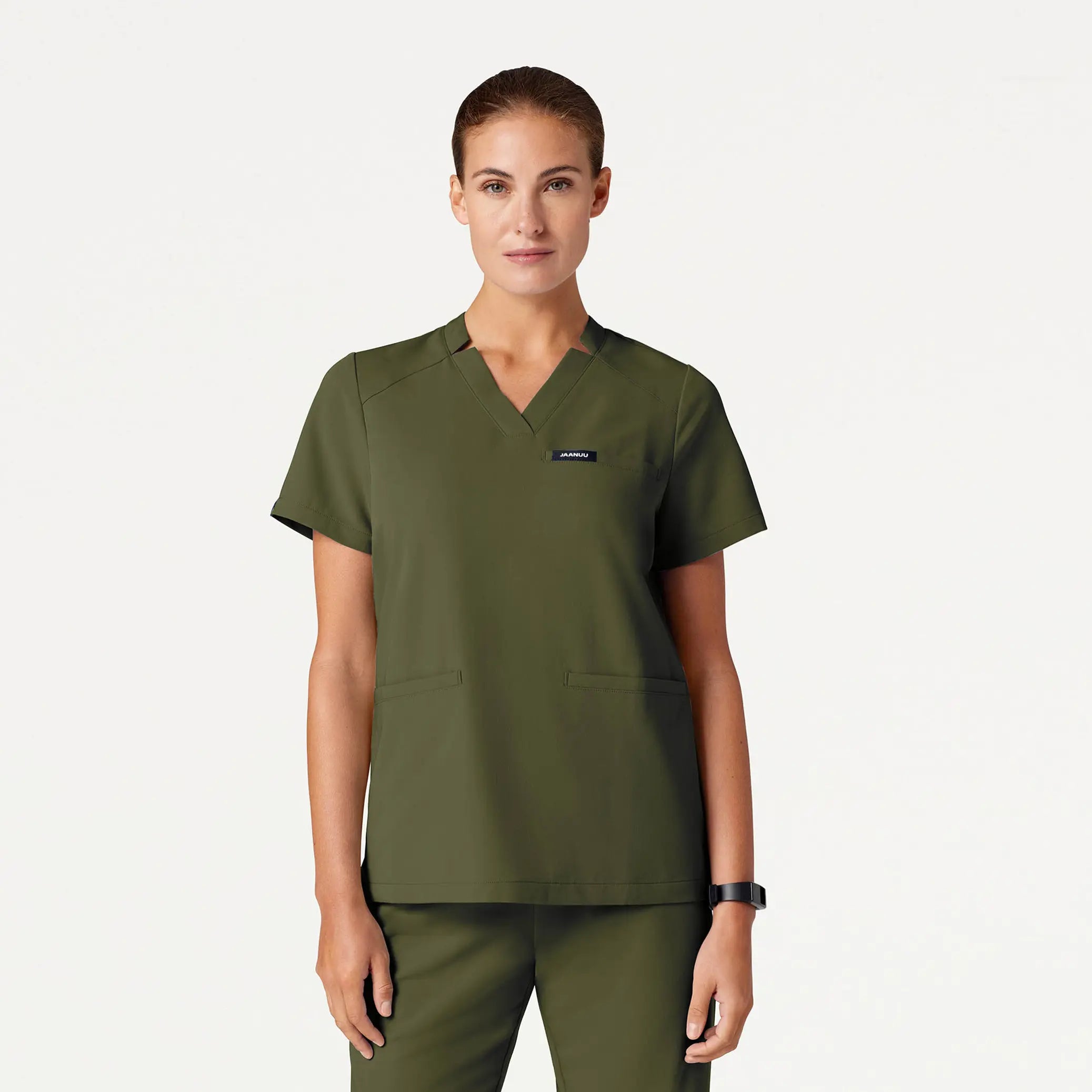 Jaanuu Women's Helia Notched V-Neck Scrub Top - Olive