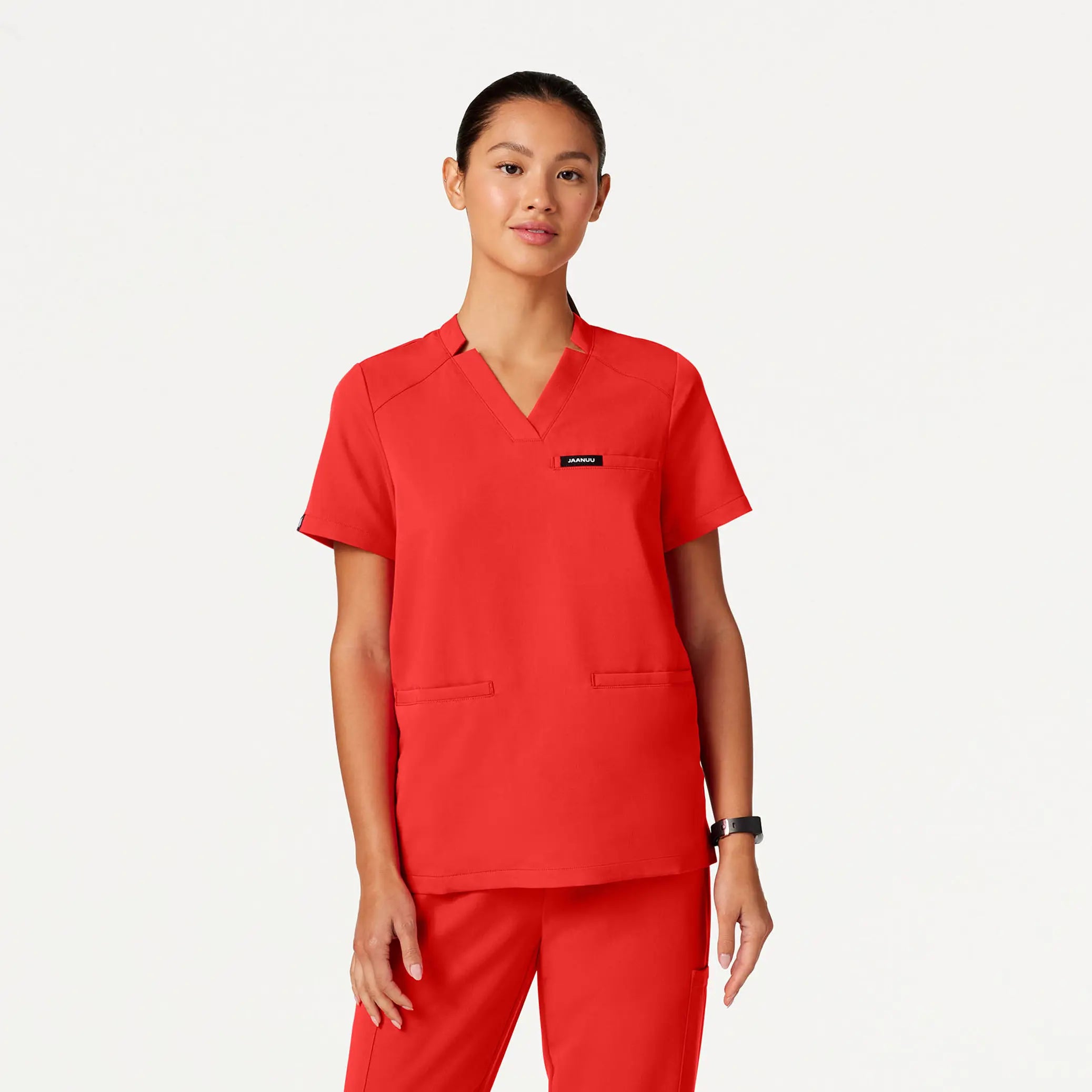 Jaanuu Women's Helia Notched V-Neck Scrub Top - Solar Red