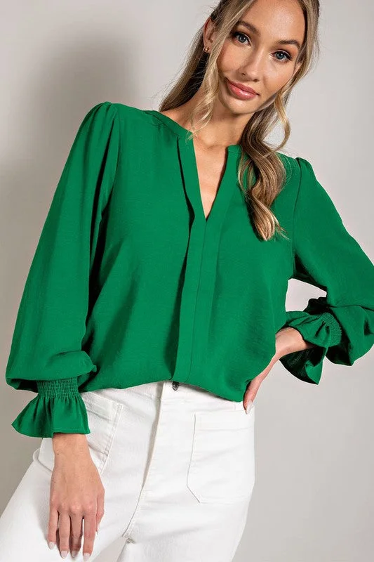 Kelly Green V-Neck Long Sleeve Top