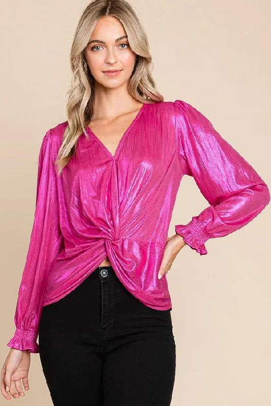 Fuchsia Metallic Fabric V Neck Long Sleeve Top