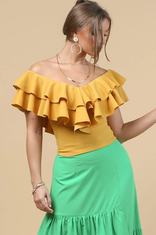 Mustard V Neck Ruffled Top