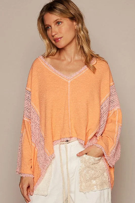 Coral Pink Oversize V-Neck Rib Contrast Frayed Edge Knit Top