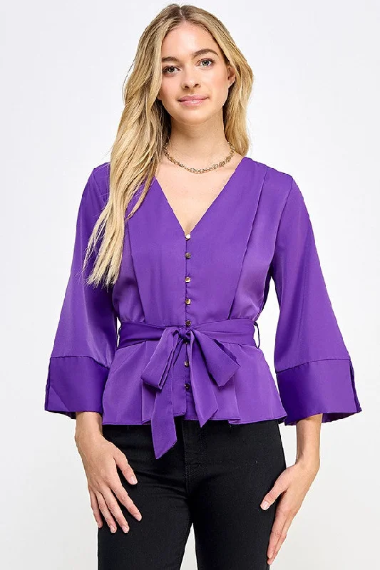 Purple 3/4 Sleeve V Neck Button With Belted Top