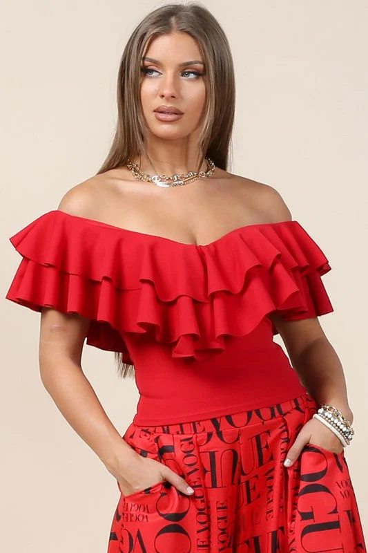 Red V Neck Ruffled Top