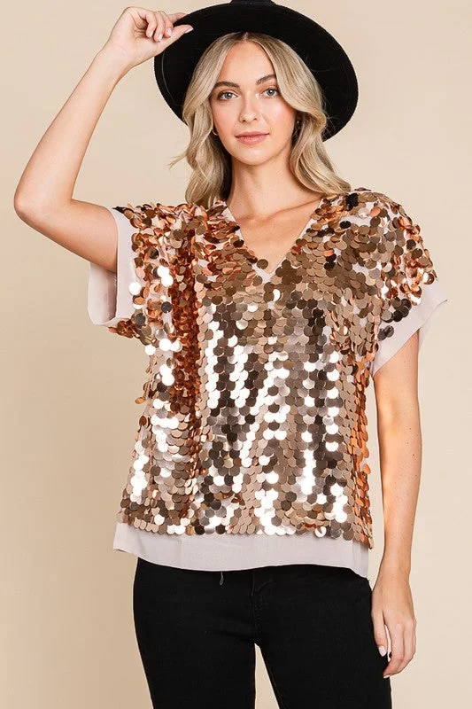 Champagne Shine Bright Sequin-Adorned V Neck Top