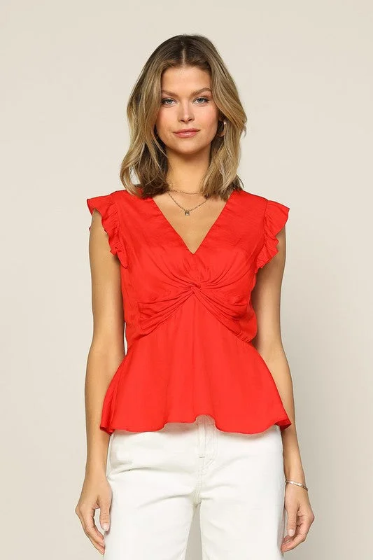 Coral Red Short Flutter Sleeve Front Twist V Neck Blouse