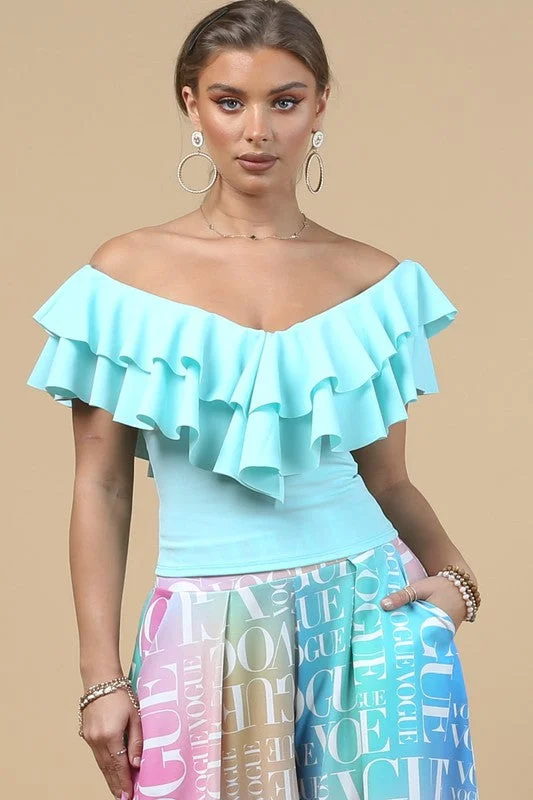 Sky Blue V Neck Ruffled Top