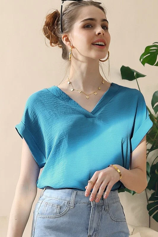 Teal V Neck Trim Rolled Short Sleeve Shirts Blouse Top