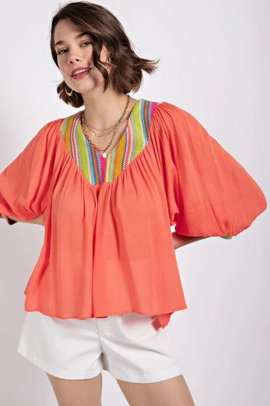 Coral V-Neck Flowy Dolman Sleeve Top