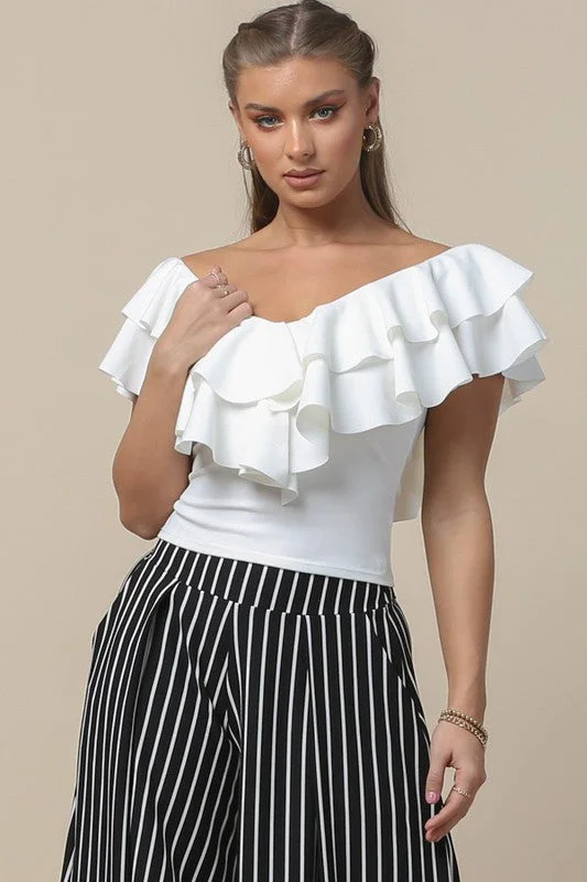 White V Neck Ruffled Top