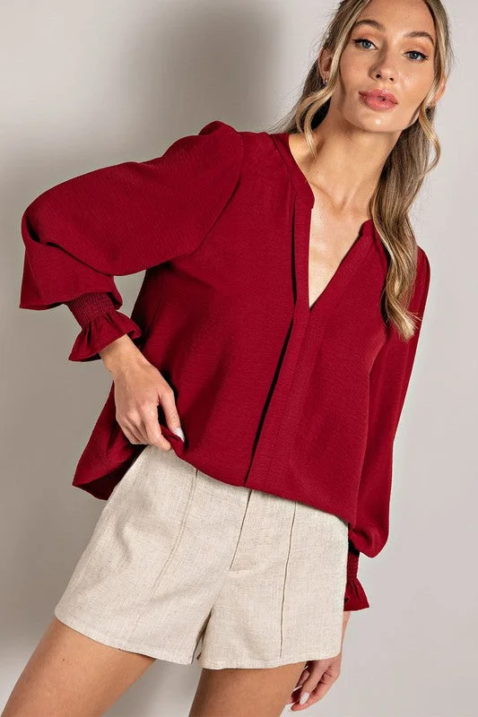 Wine V-Neck Long Sleeve Top