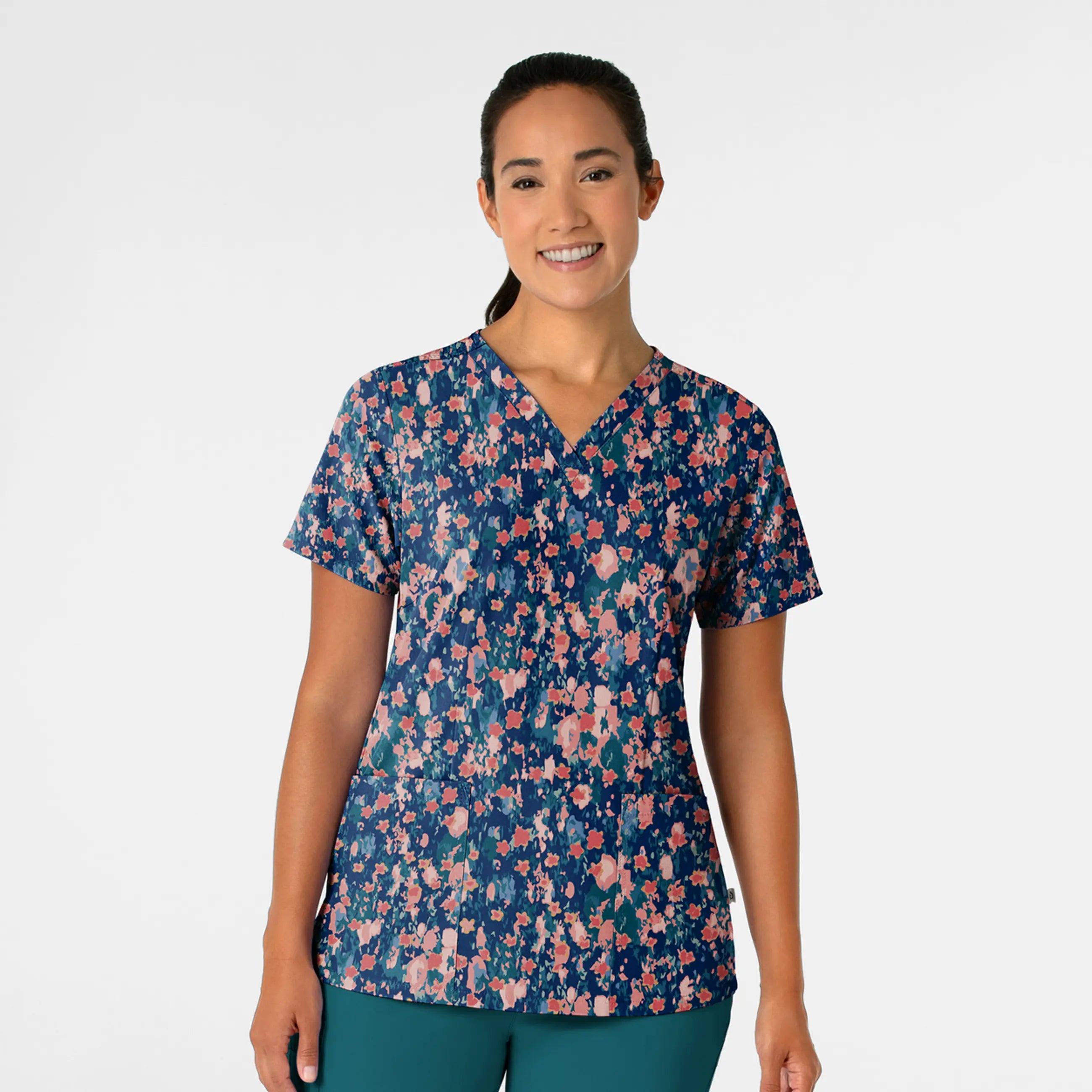 Wink Women's Fitted 3-Pocket V-Neck Print Scrub Top - Flower Shower